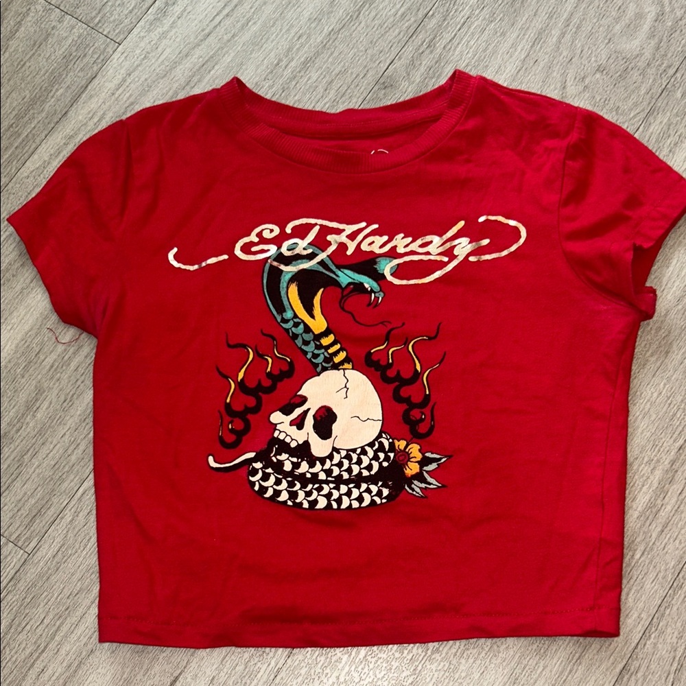 Ed Hardy Flame Cobra Graphic Baby Tee, Size Small
